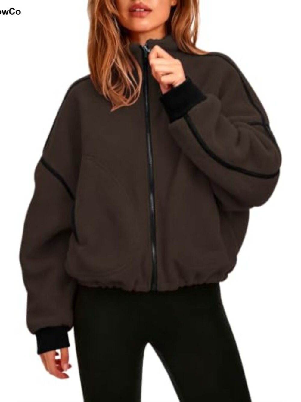 Fleece Jacket Cropped Full-Zip Sherpa Warm Stand Collar Outerwear Pockets